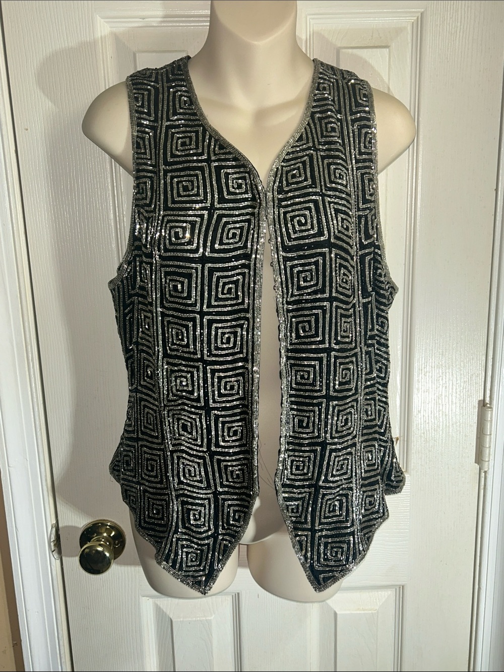 Theo Miles Black & Silver Sequin Geometric Greek Key Sleeveless Vest
